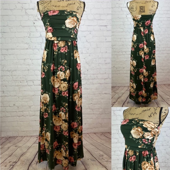Vibe Green Floral Print Strapless Ruched Bodice Maxi - Picture 1 of 1